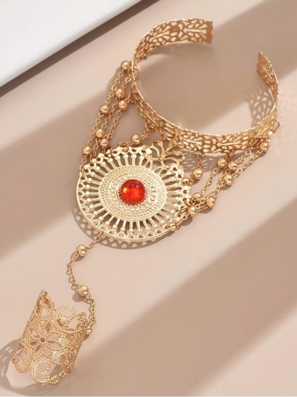 💎 HOST Pick💎 Golden Filigree Hand Chain Bracelet with Red Gem 💎 - Picture 4 of 6
